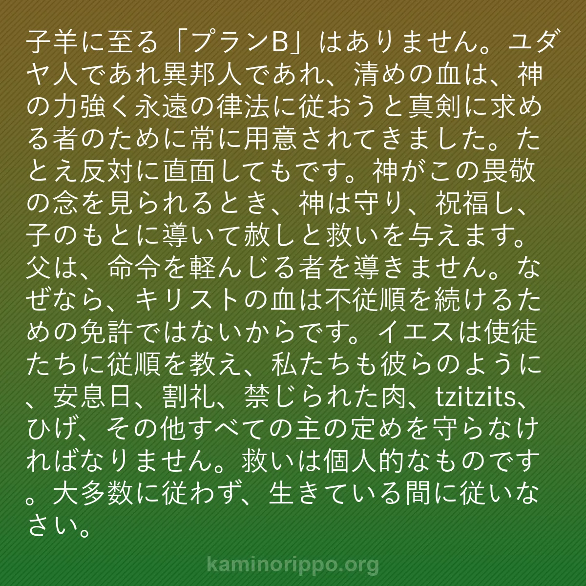 b0296 - 神の律法についての投稿: 子羊に至る「プランB」はありません。ユダヤ人であれ異邦人であ...